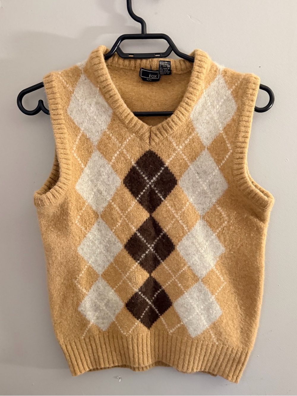 Fox Pure Virgin Wool Vest academia v neck brown beige argyle